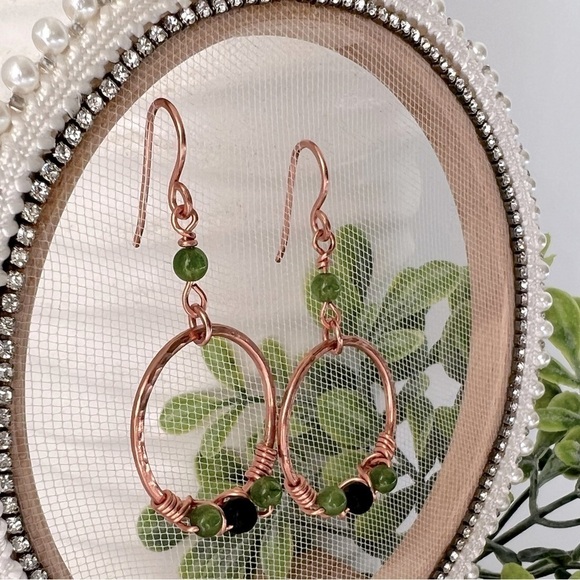 Wire Wrap Copper Earrings with Green Jade & Black Lava Stone - Picture 5 of 12